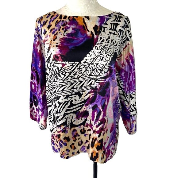 Cache Silk Top Womens Size Small S Vintage Abstract Print Dolman Sleeve Purple - Picture 9 of 9